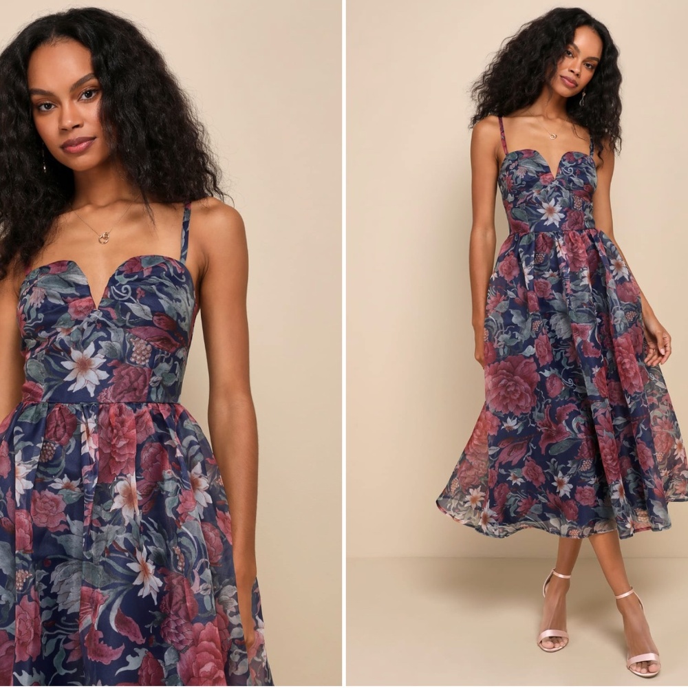 LULU's Floral Sexy Flowy Prom Wedding Chic Elegant Midi Dress NWOT